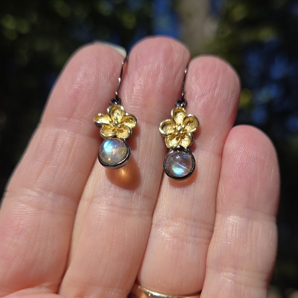 Laboradorite 1k Natural Sterling Rhodium & Gold Cherry Blossom Earrings - Picture 7 of 10